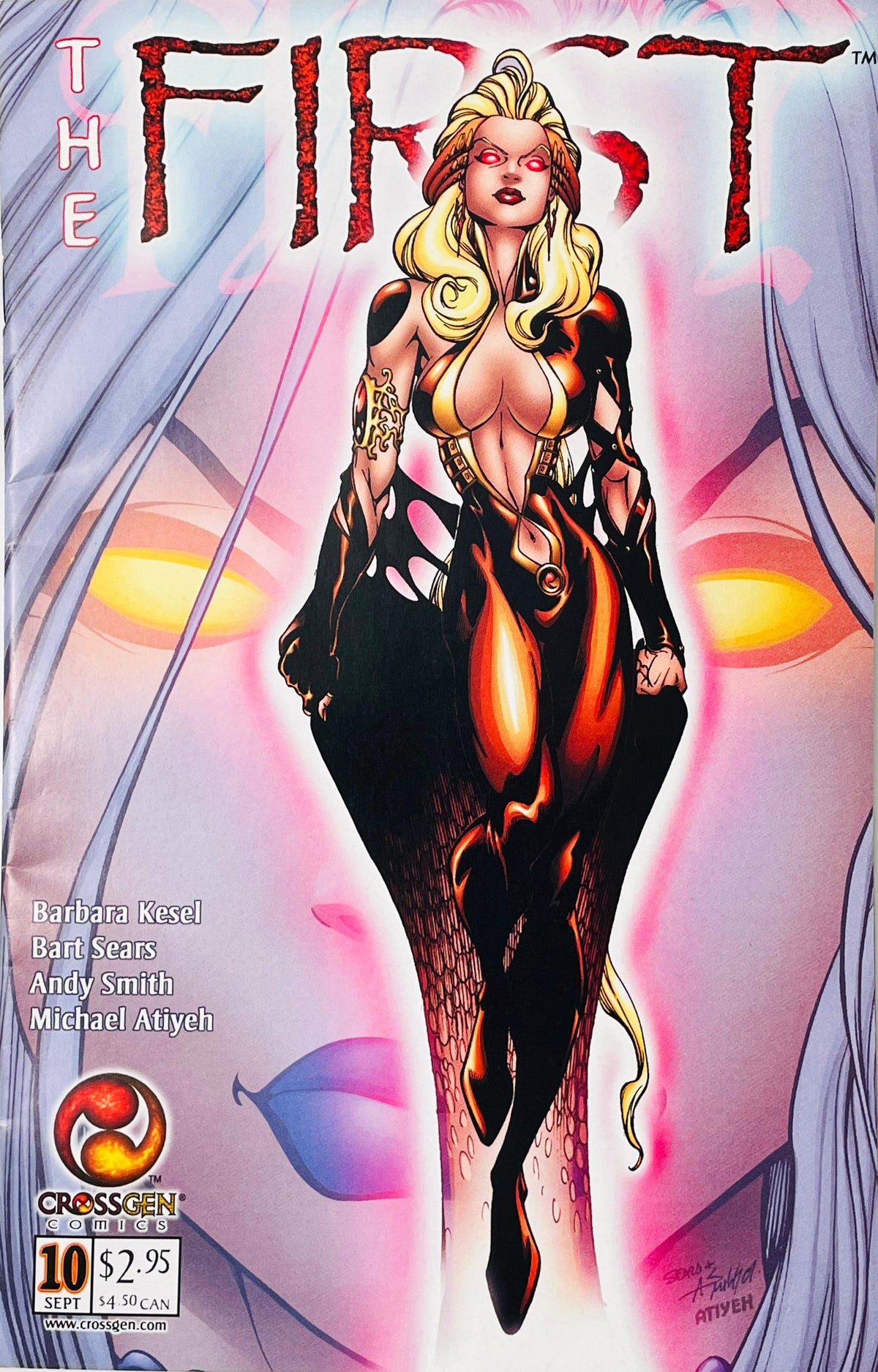 Ingra with glowing red eyes surrounded by dark energy on Bart Sears cover of The First issue 10.