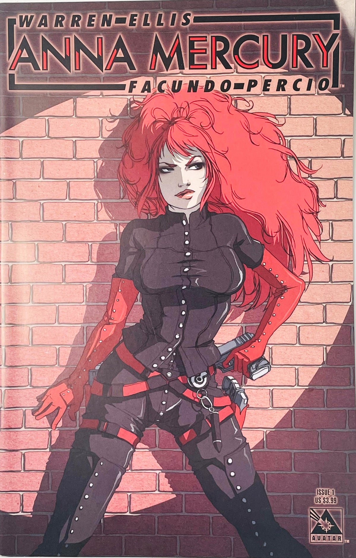 Anna Mercury with wild red hair standing against a red brick wall holding a handgun on Facundo Percio cover of issue 1.