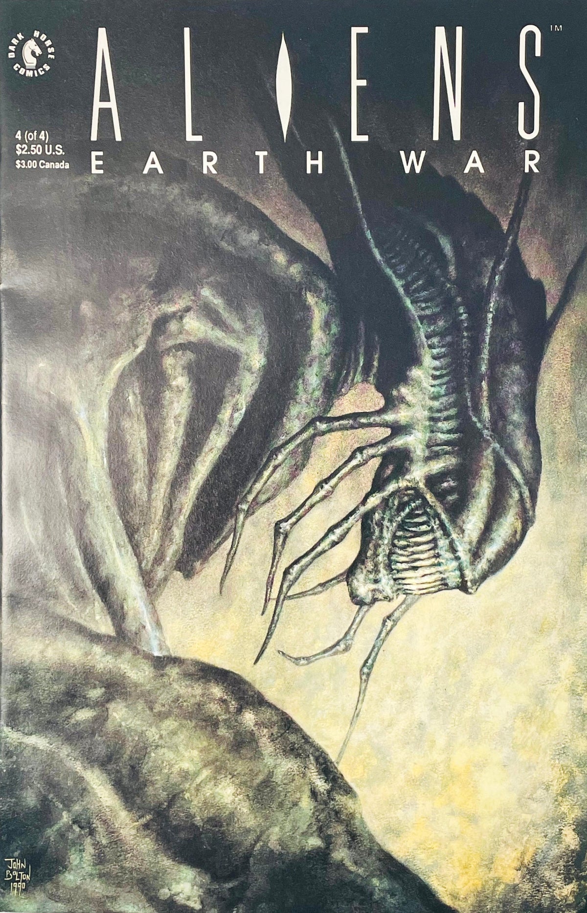 Painted close-up portrait of an Alien Queen Xenomorph with inner jaw exposed on John Bolton cover of Aliens Earth War issue 4.