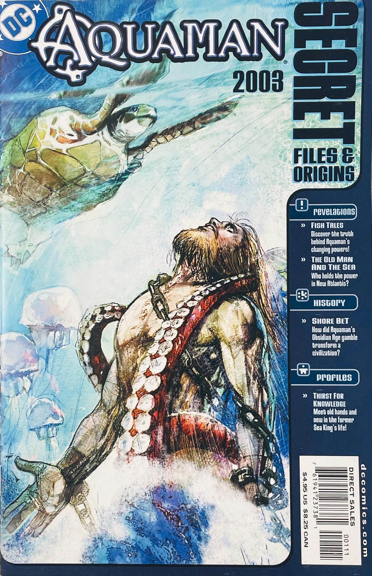 Bearded and shackled Aquaman looking upward underwater with a sea turtle on cover of Aquaman Secret Files And Origins 2003.