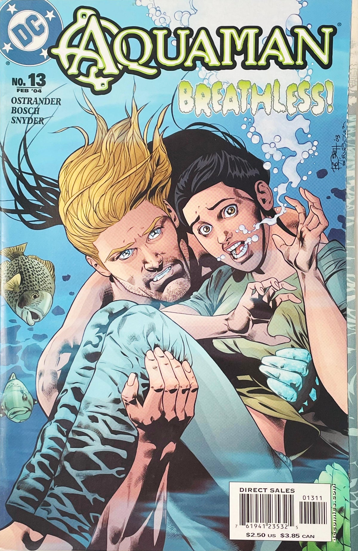 Aquaman carrying a struggling woman underwater with air bubbles escaping her mouth on Trevor McCarthy cover of Aquaman issue 13.