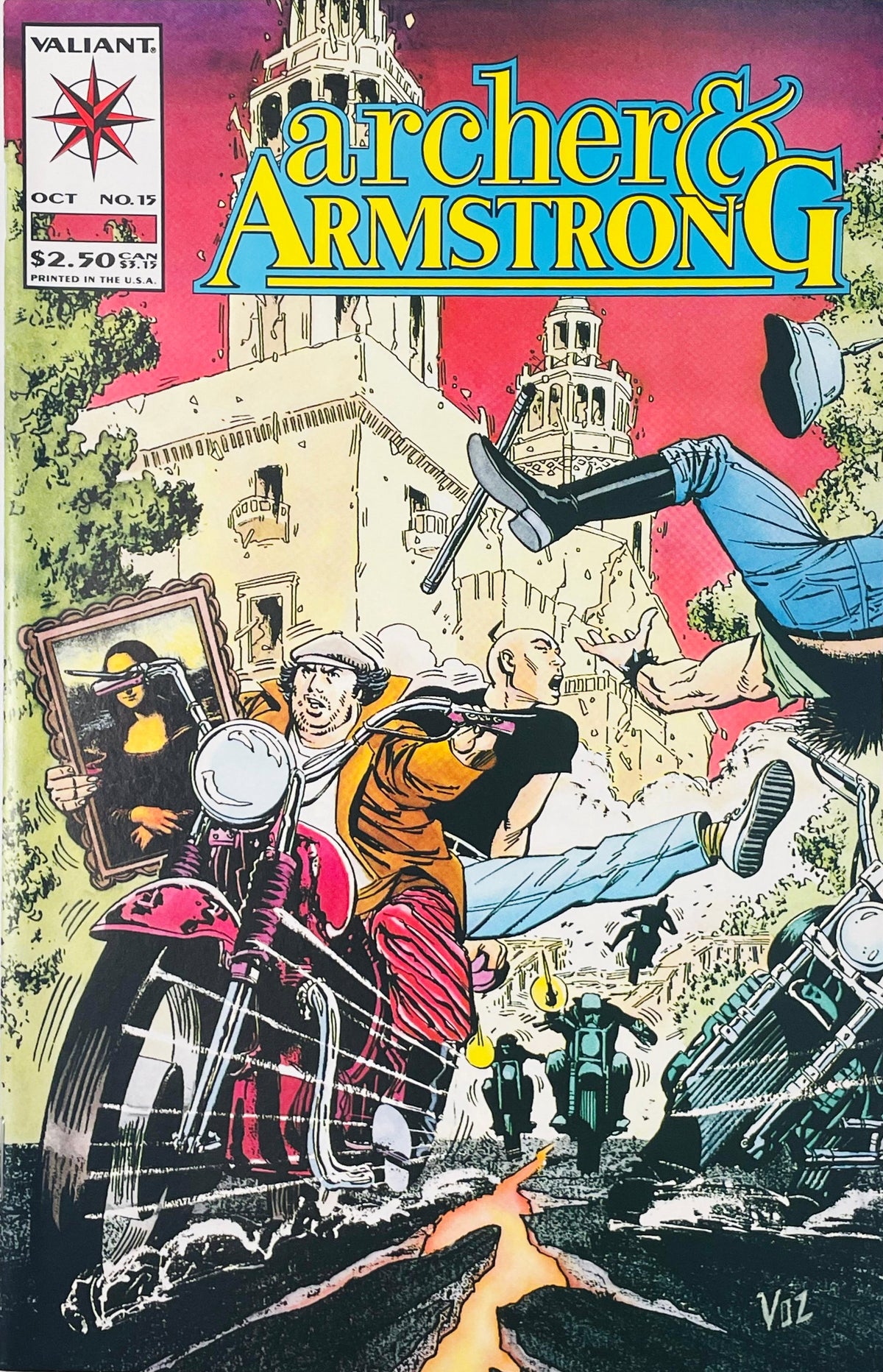 Armstrong driving a motorcycle with Archer holding the Mona Lisa painting while kicking an enemy biker on cover of Archer and Armstrong issue 15.