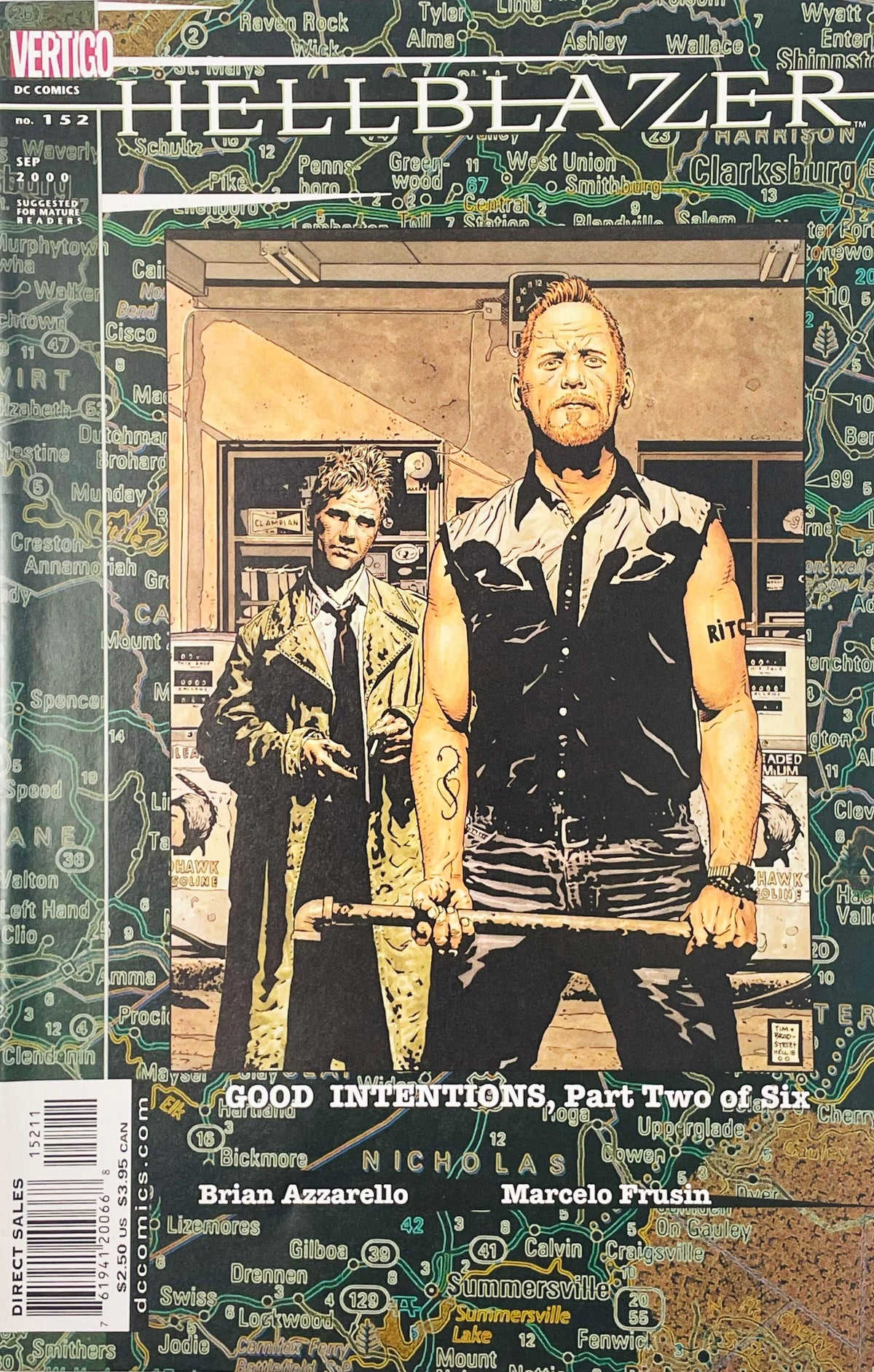 Muscular man holding a pipe in front of John Constantine in a garage on Tim Bradstreet photo cover of Hellblazer issue 152.