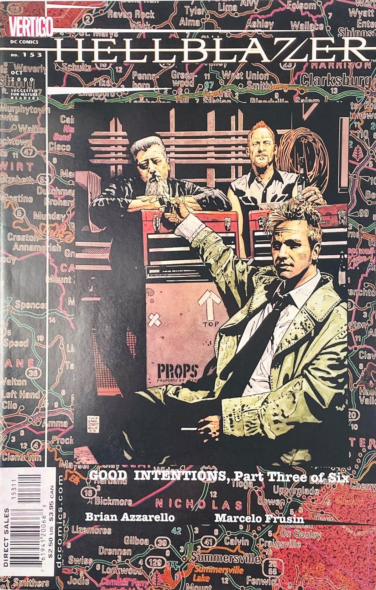 John Constantine pointing a gun upwards at an older man by toolboxes on Tim Bradstreet photo cover of Hellblazer issue 153.