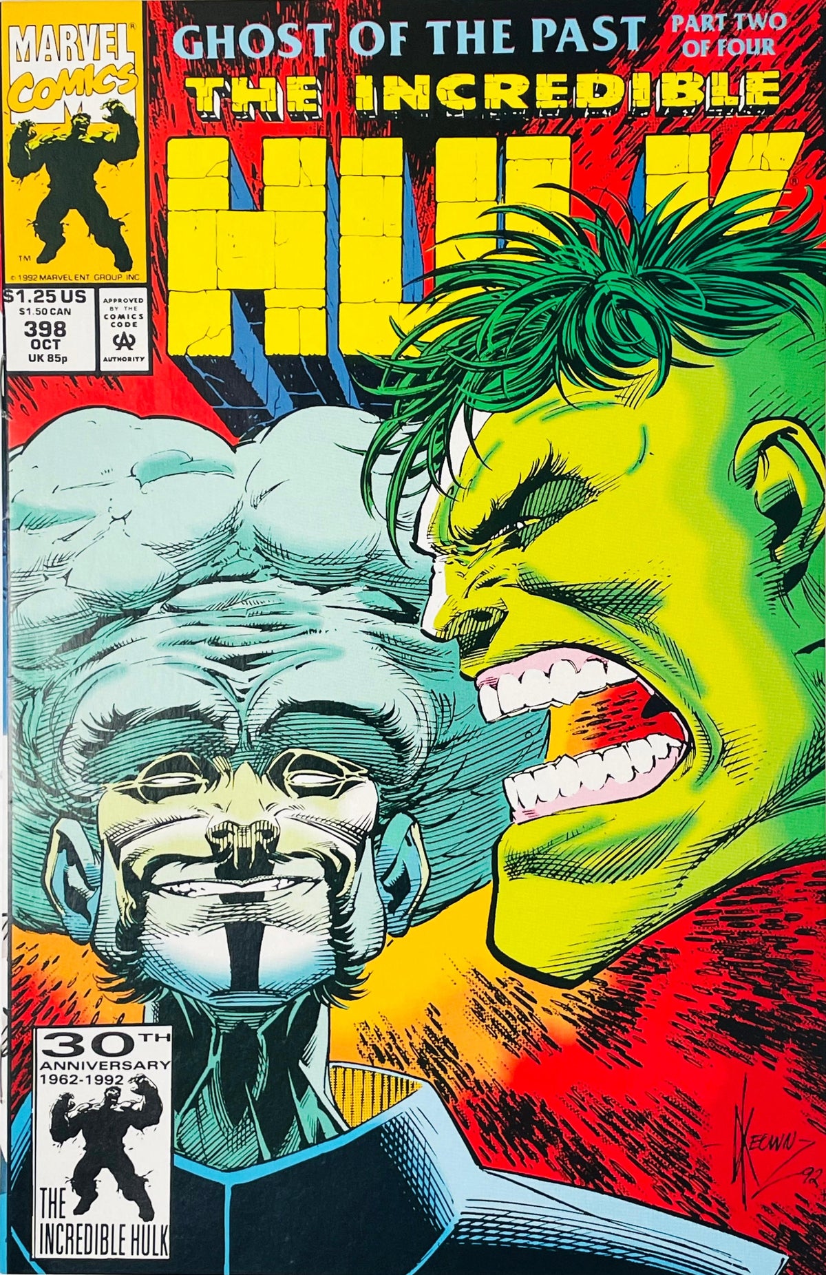 Extreme close up of Hulk snarling face-to-face with The Leader on Dale Keown cover of The Incredible Hulk issue 398.