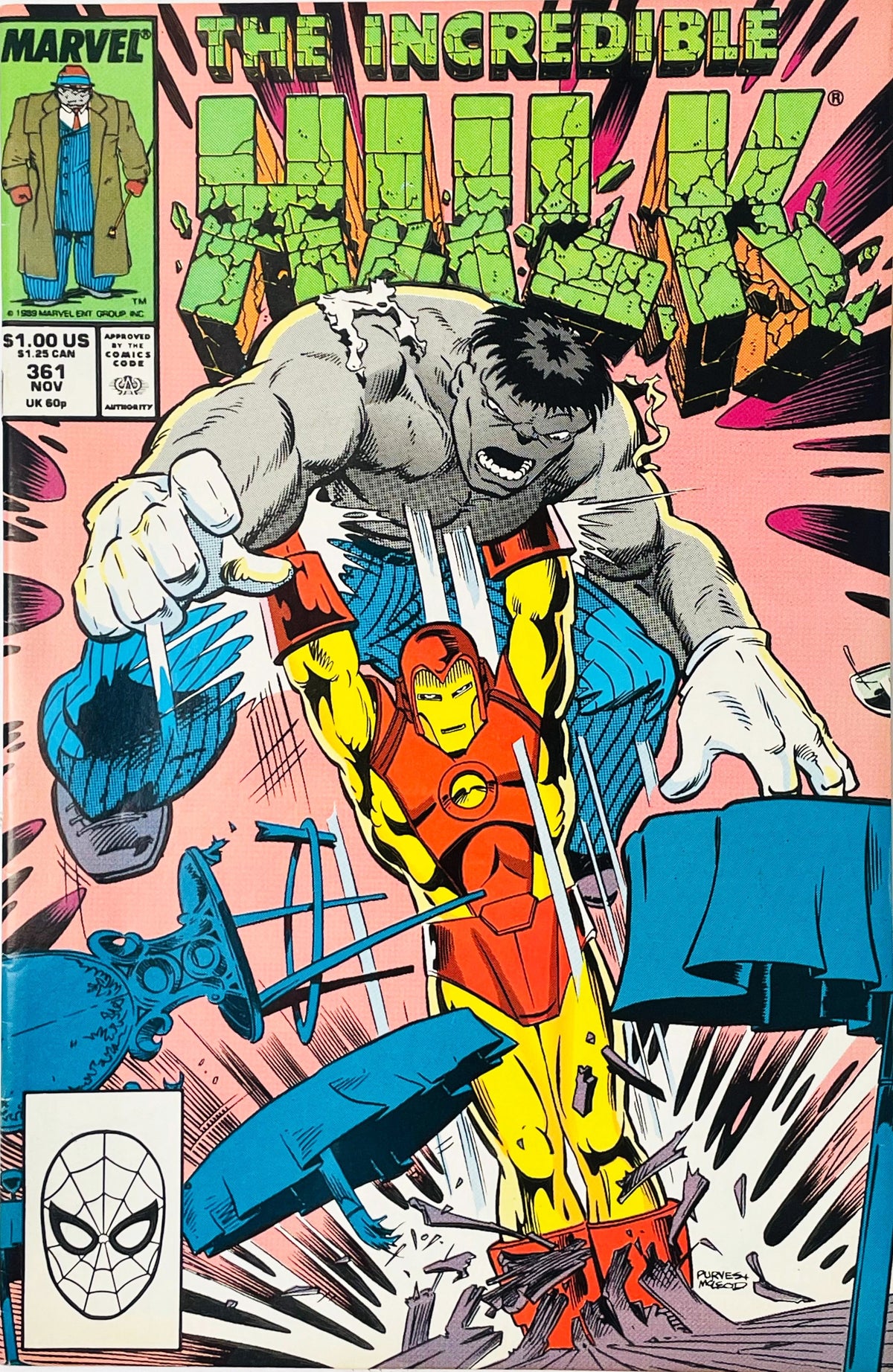 Iron Man lifting Grey Hulk in suit pants above his head while smashing through furniture on cover of issue 361.