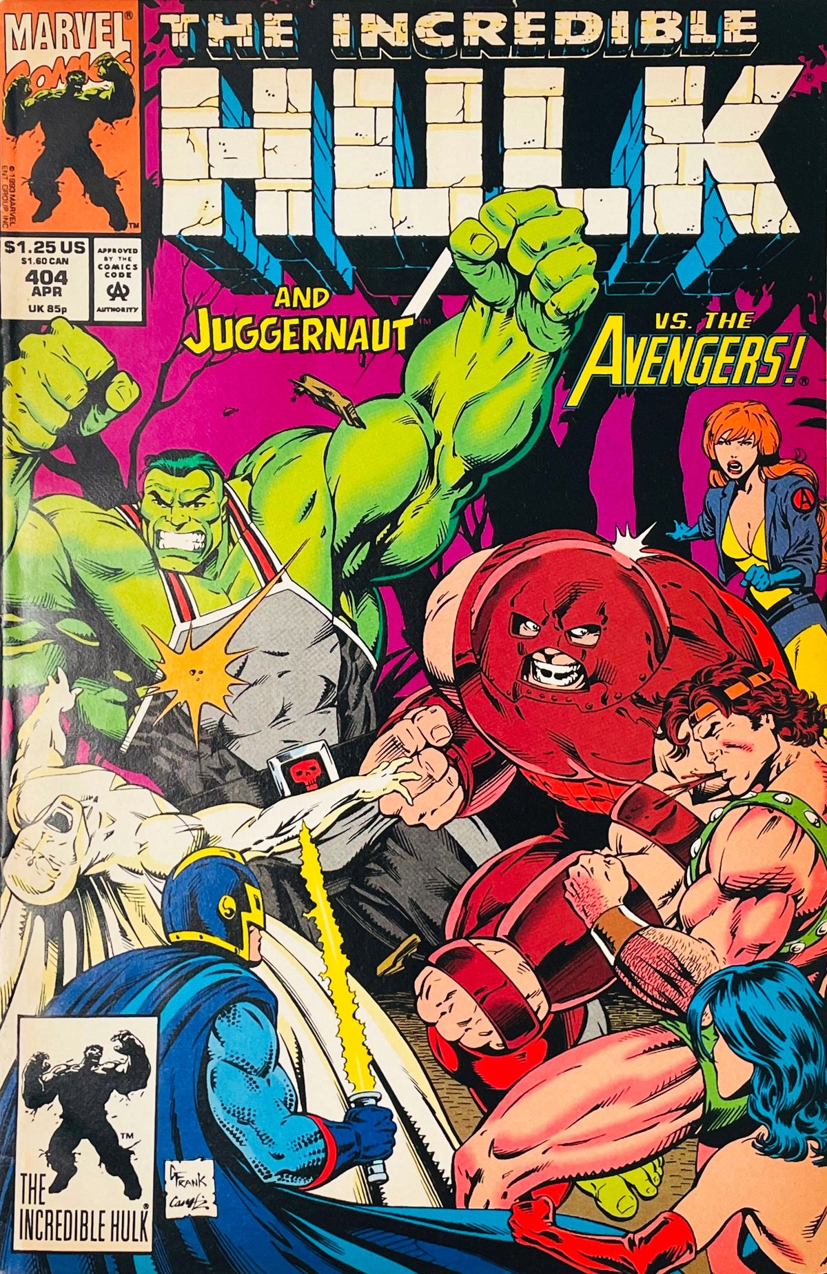 The Hulk and Juggernaut in combat against the Avengers on the cover of The Incredible Hulk issue 404.