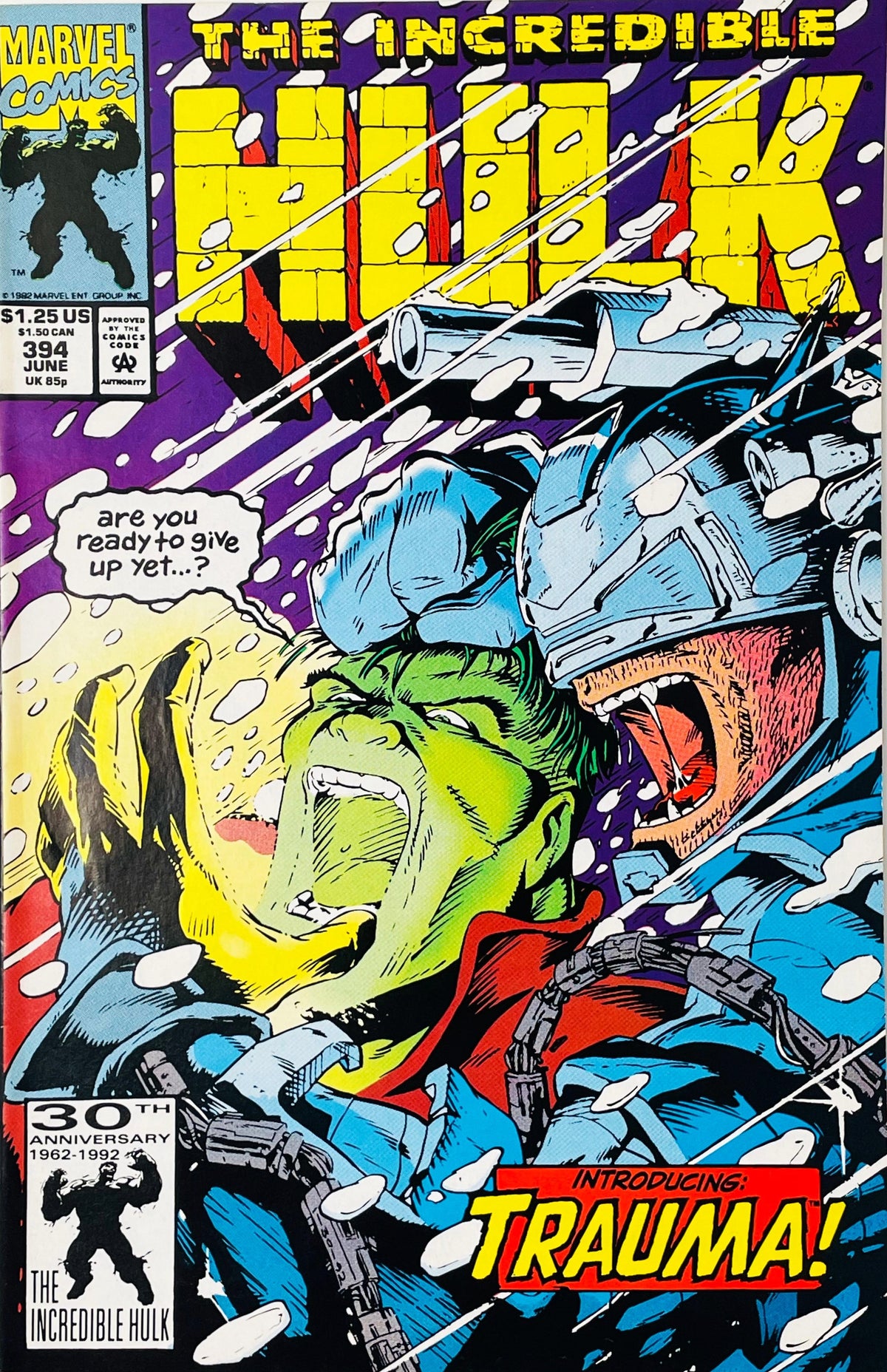 Armored villain Trauma pinning down Hulk in a blizzard with speech bubble on Dale Keown cover of issue 394.