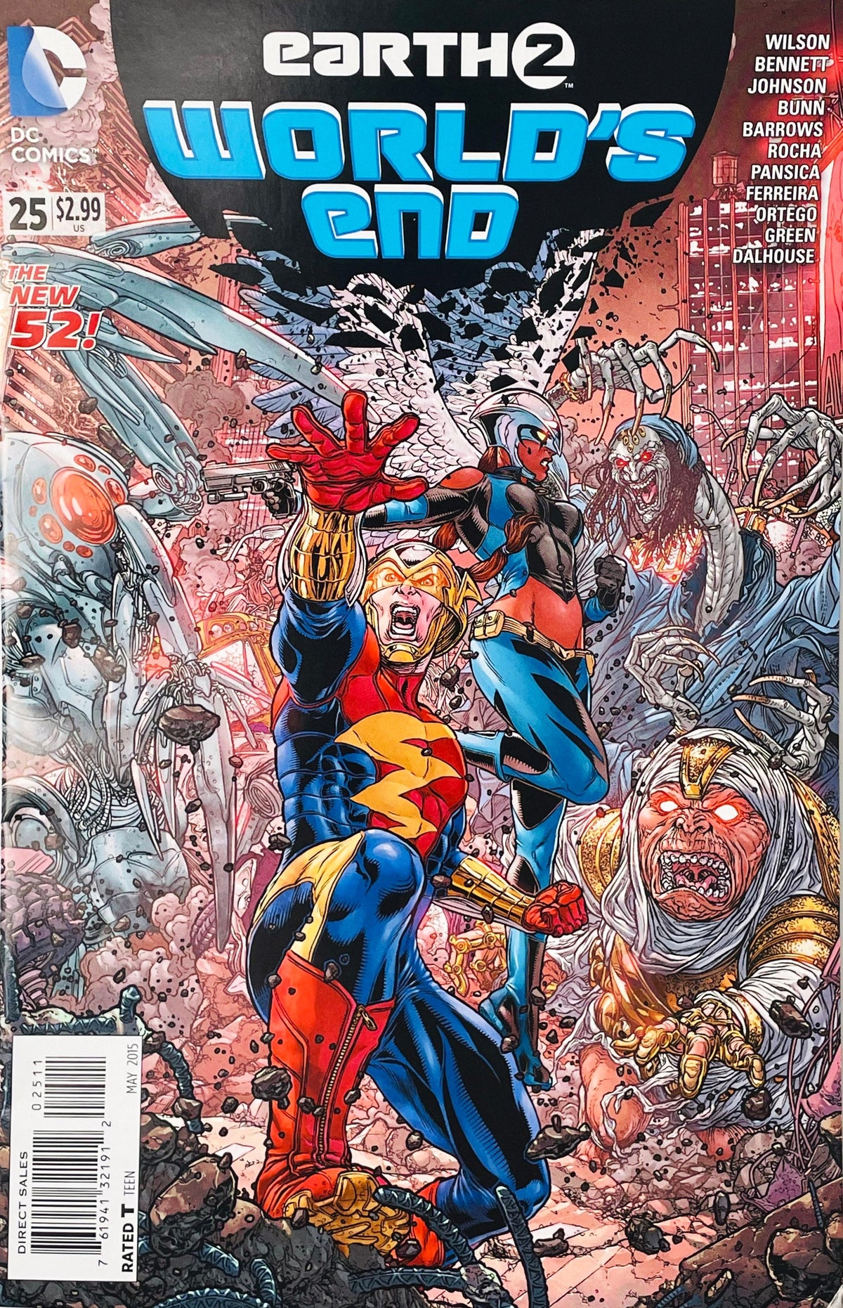 Mister Miracle and Big Barda fighting hordes of Apokolips monsters amidst exploding rubble on cover of Earth 2 World's End issue 25.