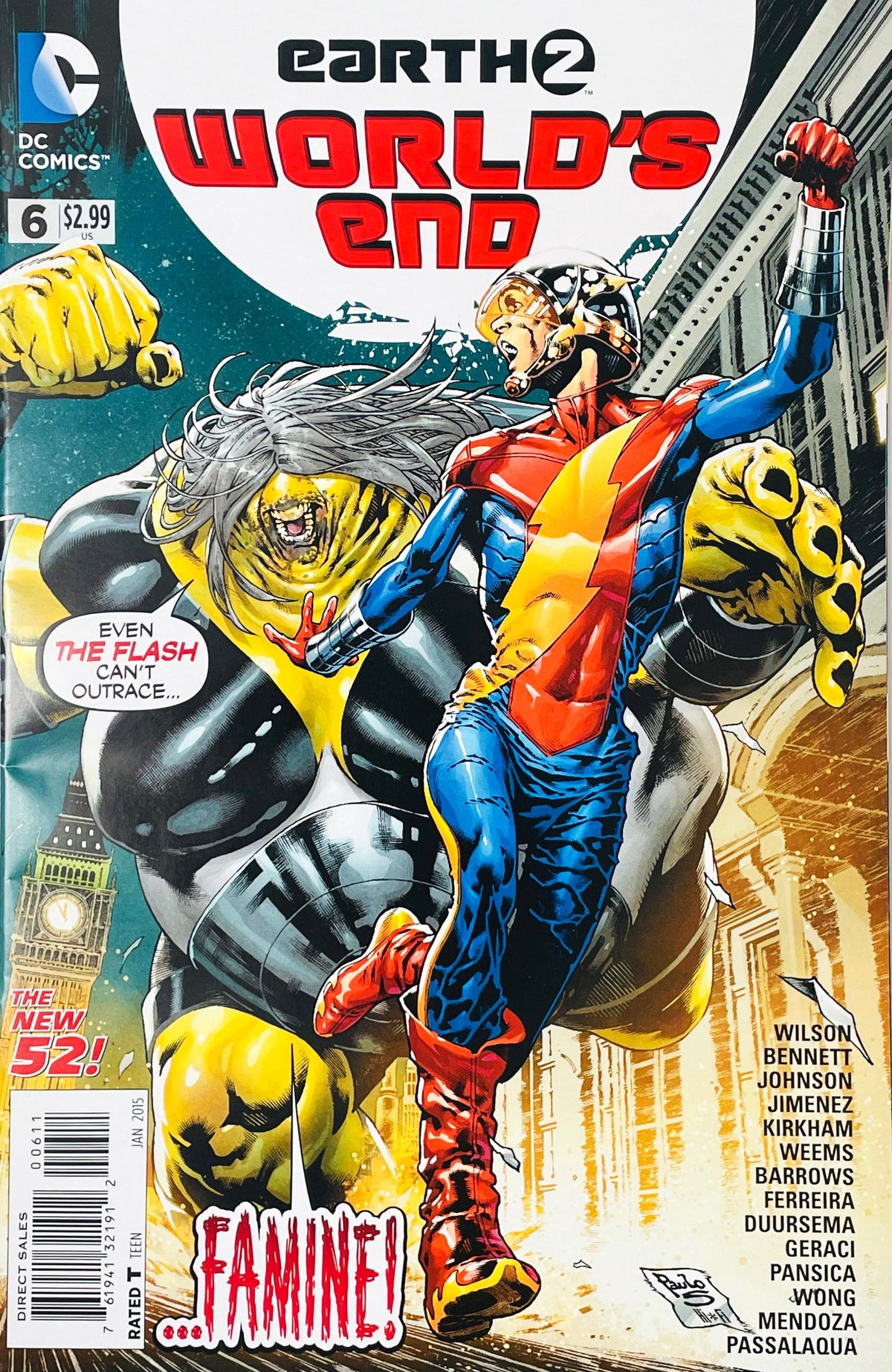 The Flash running dynamically while being pursued by a monstrous Famine creature on cover of Earth 2 World's End issue 6.