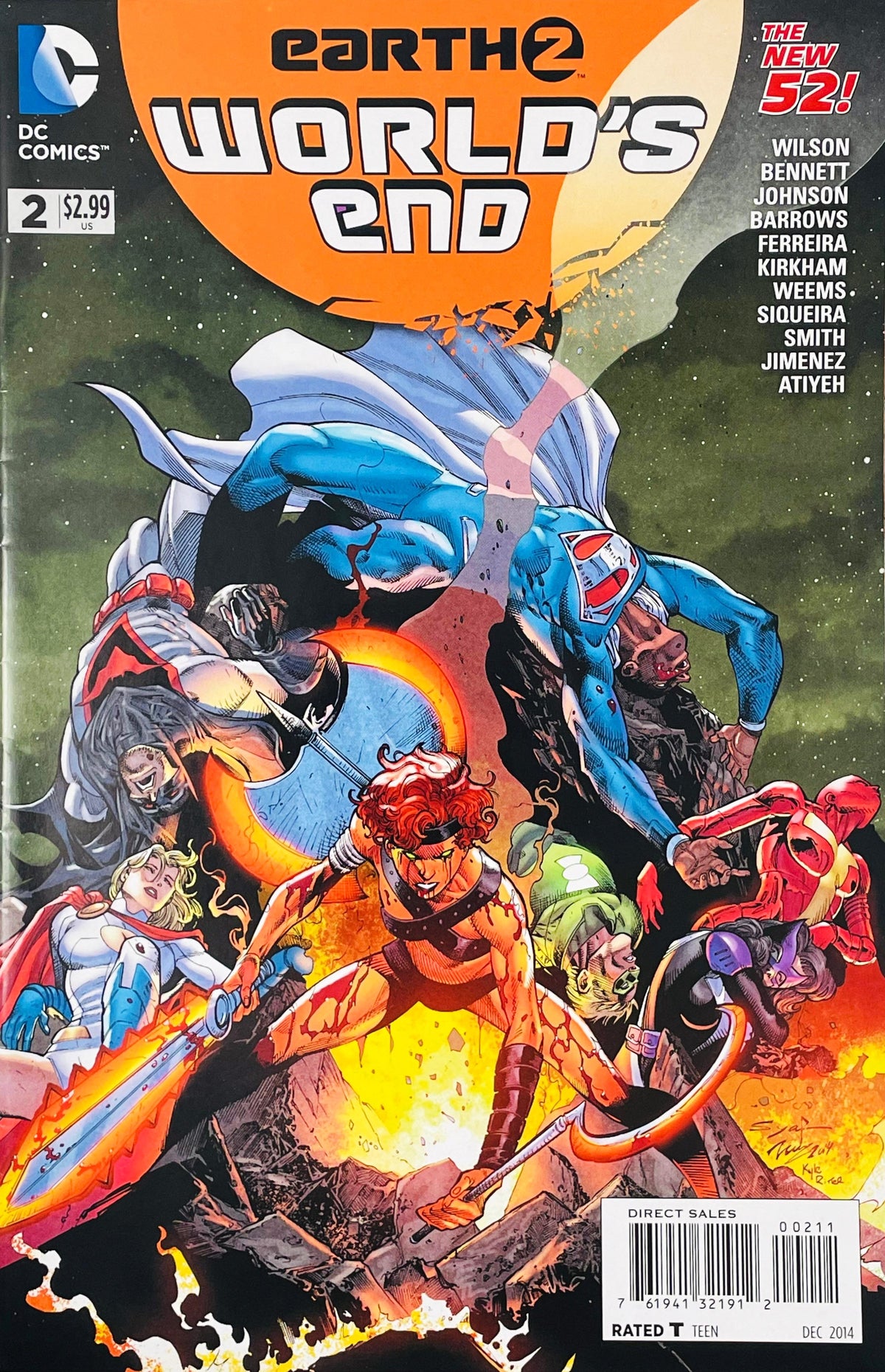 Power Girl holding a glowing sword and Val-Zod fighting in a fierce battle amidst exploding rubble on cover of Earth 2 World's End issue 2.