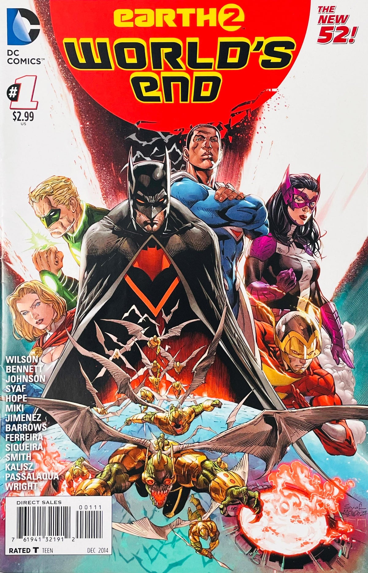 Batman front and center flanked by Earth 2 heroes including Val-Zod, Green Lantern, and Power Girl on cover of Earth 2 World's End issue 1.