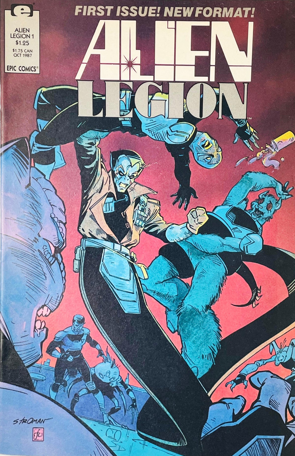 Alien Legion members engaged in a chaotic bar brawl under a first issue new format banner on the cover of issue 1 illustrated by Larry Stroman.