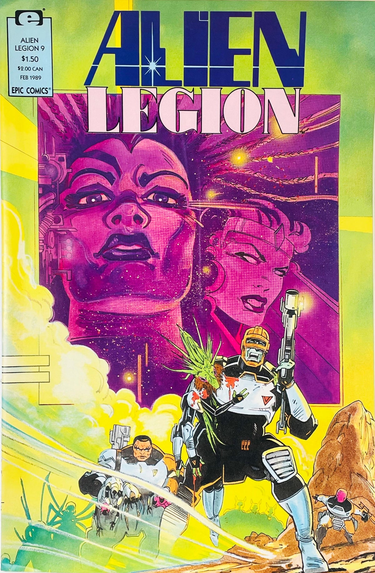 An Alien Legion soldier holding a weapon in the foreground below a towering purple-toned portrait of characters on the cover of issue 9.