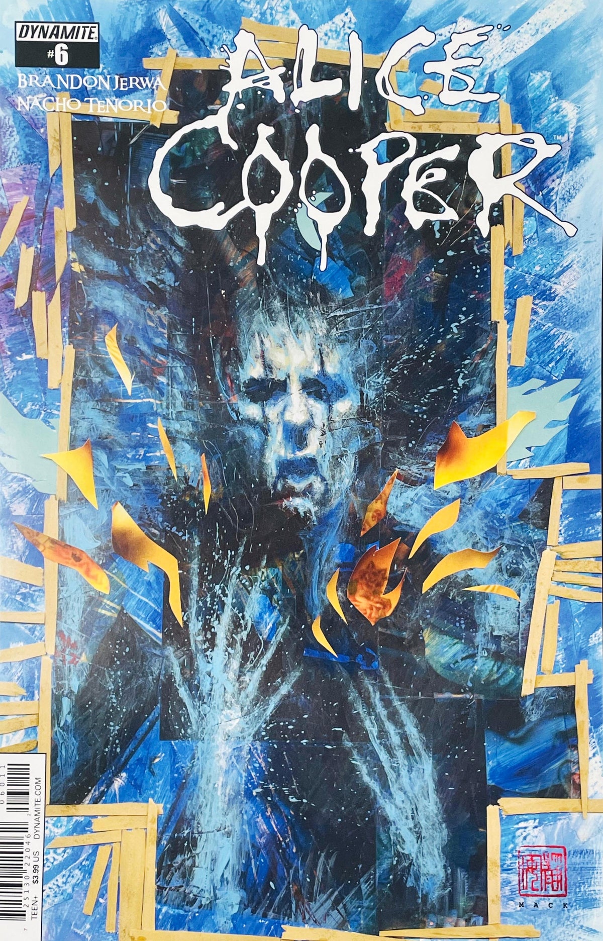 Alice Cooper with iconic stage makeup framed by a striking blue and yellow collaged abstract design on the cover of issue #6.