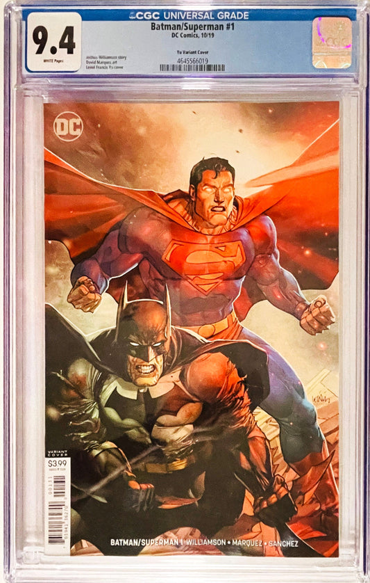 Batman Superman issue 1 CGC 9.4 graded comic slab featuring Leinil Francis Yu variant cover art of Batman and a powered-up Superman.