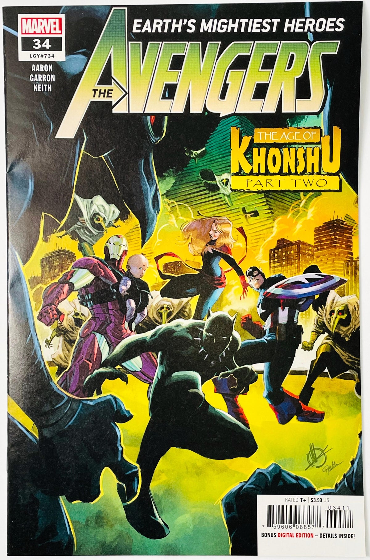 Marvel's The Avengers #34 comic book cover featuring a dynamic group illustration of superheroes in action, with prominent titles 'The Avengers' and 'The Age of Khonshu Part Two'.