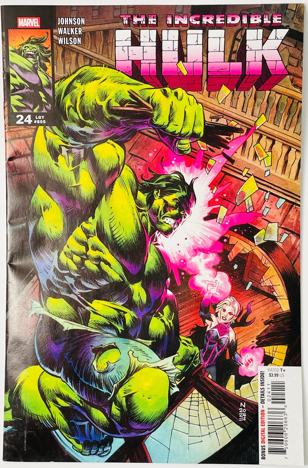 Marvel's The Incredible Hulk #24 comic book cover featuring a dynamic illustration of the green Hulk punching through a pink energy blast, with the Marvel logo in the top-left corner.