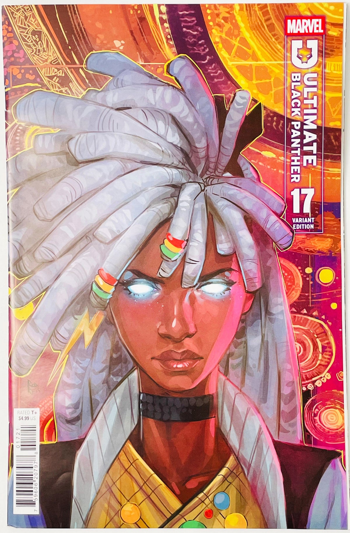 Marvel's Ultimate Black Panther #17 variant edition comic book cover featuring a stylized portrait of Black Panther with white dreadlocks and glowing eyes, set against a vibrant orange and pink background.