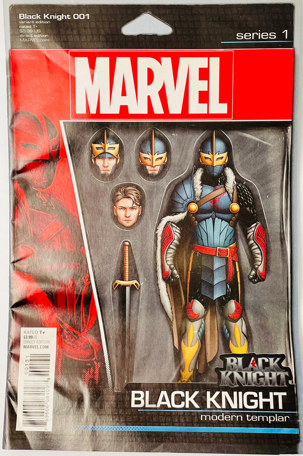 Marvel Black Knight 001 action figure in its original retail blister packaging, featuring a modern armored knight figure with interchangeable heads and accessories.