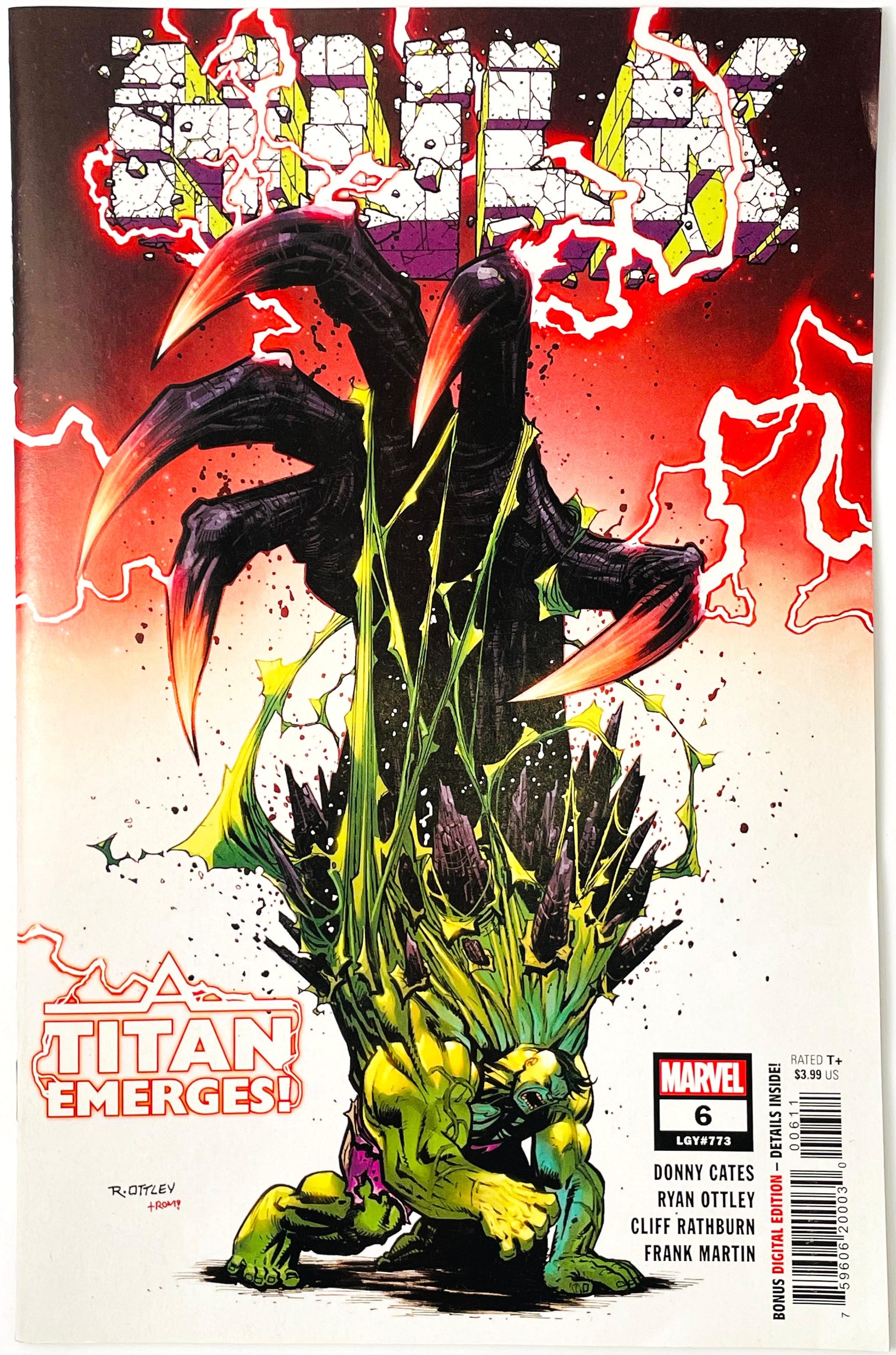 Marvel's Spawn #6 comic book cover featuring a dramatic illustration of a large black clawed titan looming over a green Hulk-like figure, with red lightning and the title 'SPAWN' at the top.