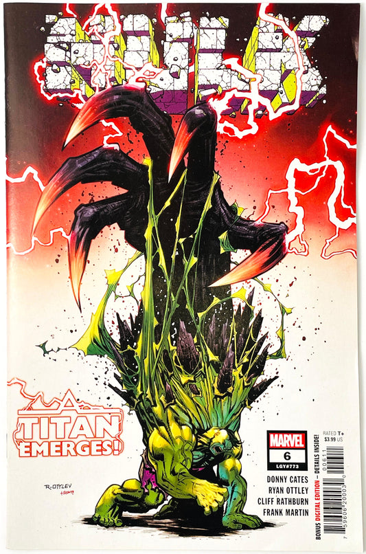 Marvel's Spawn #6 comic book cover featuring a dramatic illustration of a large black clawed titan looming over a green Hulk-like figure, with red lightning and the title 'SPAWN' at the top.