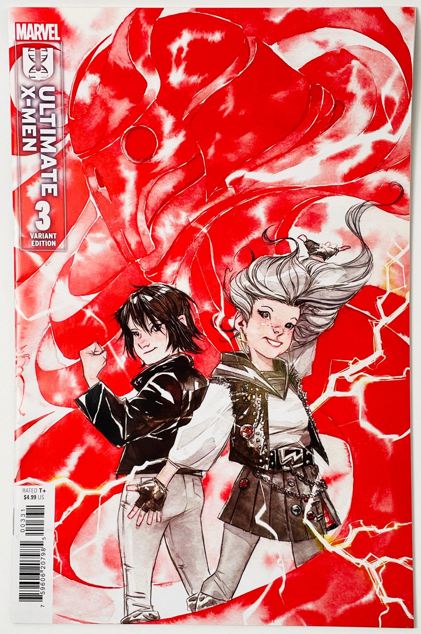 Marvel's Ultimate X-Men #3 comic book cover featuring stylized illustrations of two characters against a vivid red background with white energy swirls and lightning effects.