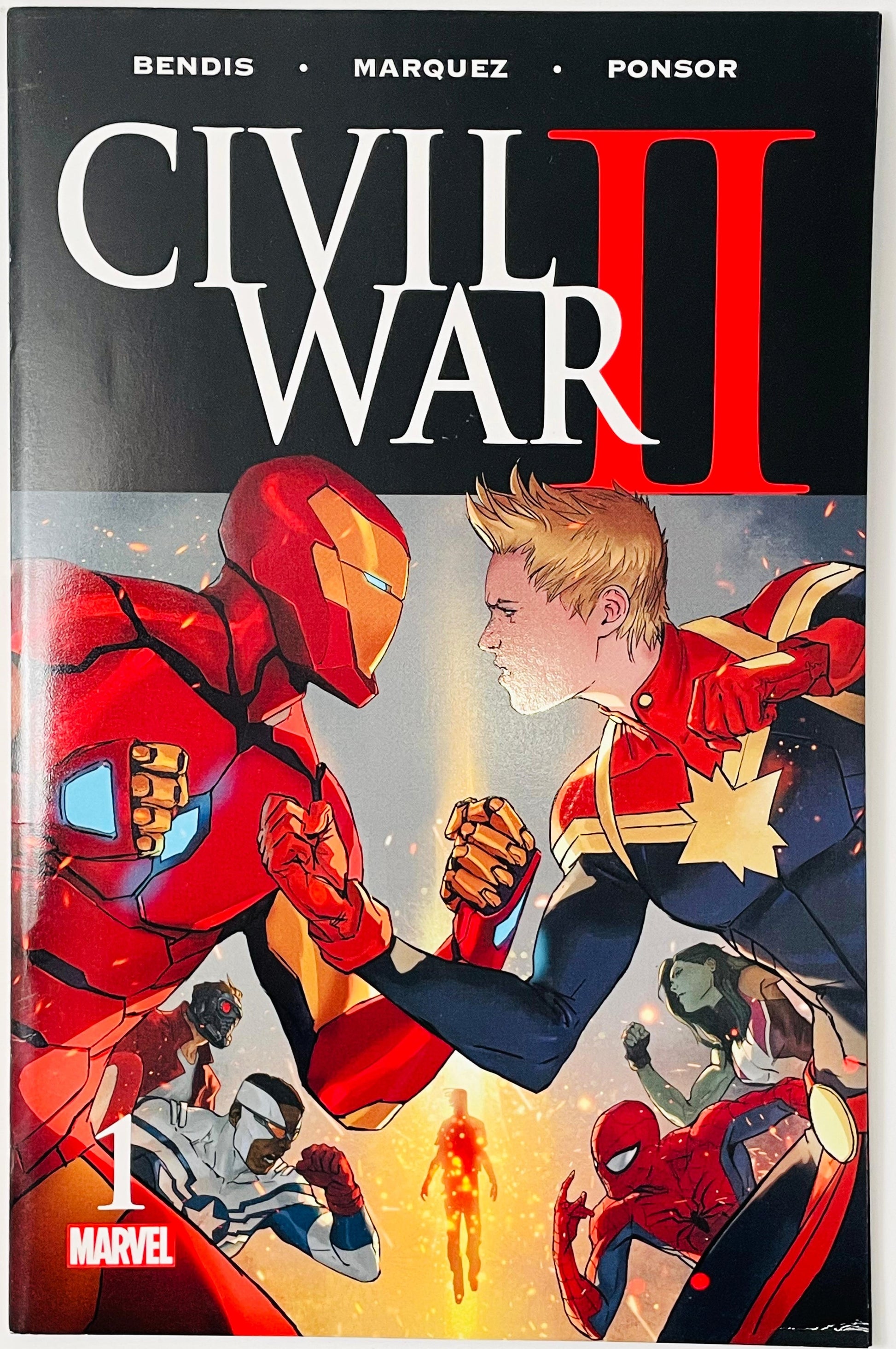 Civil War II #1 Marvel comic book cover featuring Iron Man and Captain America facing off, with other superheroes including Spider-Man and Black Widow visible in smaller panels around them.