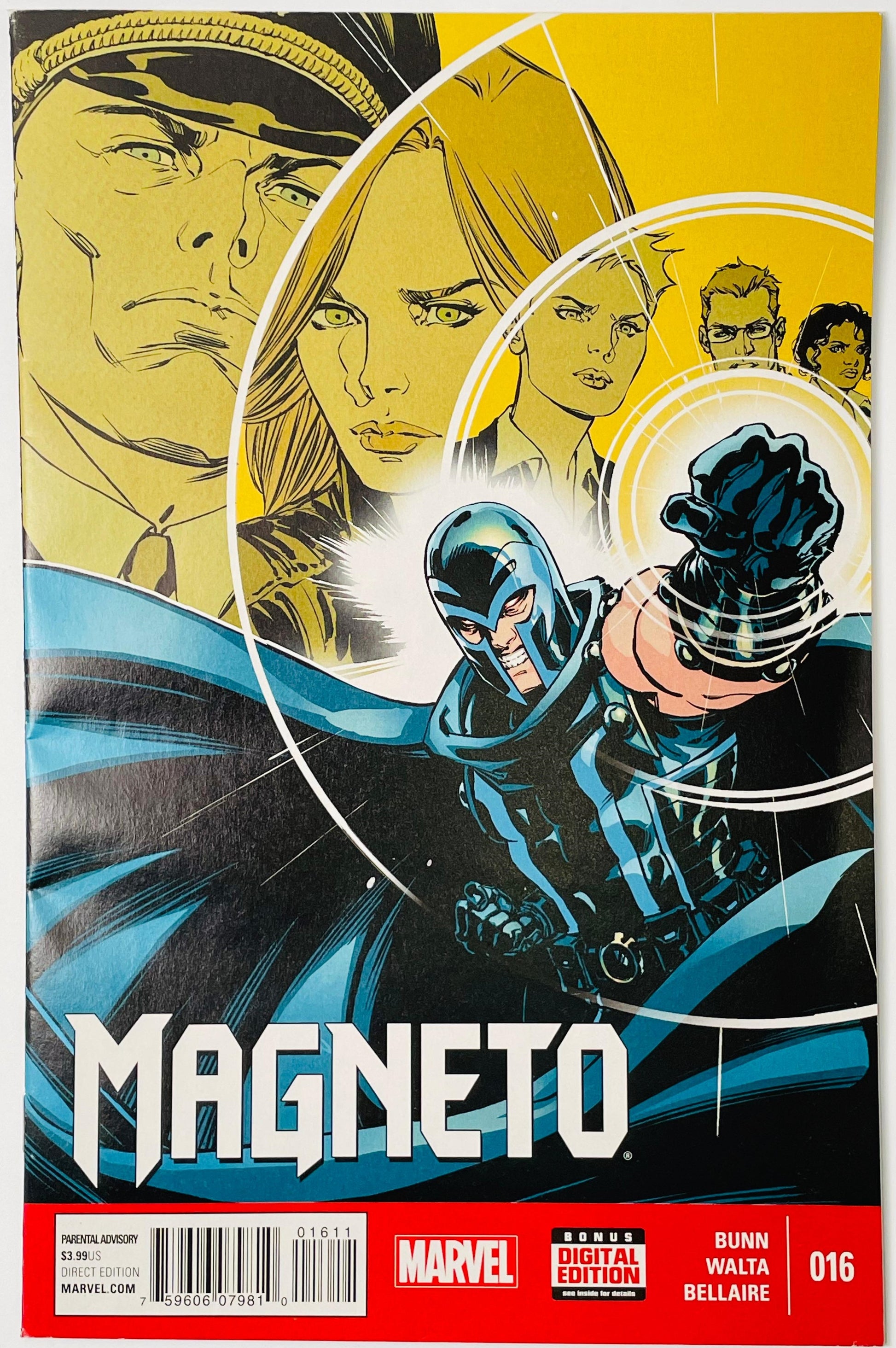 Marvel's Magneto comic book, issue number 016, featuring a bold yellow and black cover with illustrations of Magneto and other characters. The bottom includes a barcode, a Marvel Digital Edition badge, and the names of writers Bunn and Walta Bellaire.