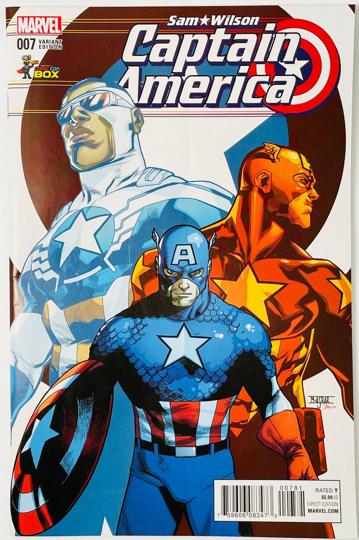 Marvel's Captain America comic book, issue 7, featuring Sam Wilson and a group of Marvel characters on the cover, including Captain America, Falcon, and War Machine.
