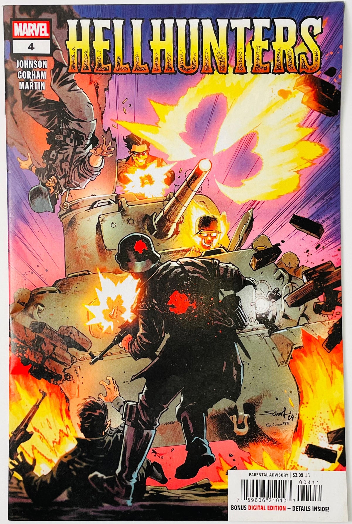 Marvel's Hellhunters #4 comic book cover featuring a dramatic action illustration with soldiers, a tank, explosions, and the title 'HELLHUNTERS' in large yellow letters at the top.