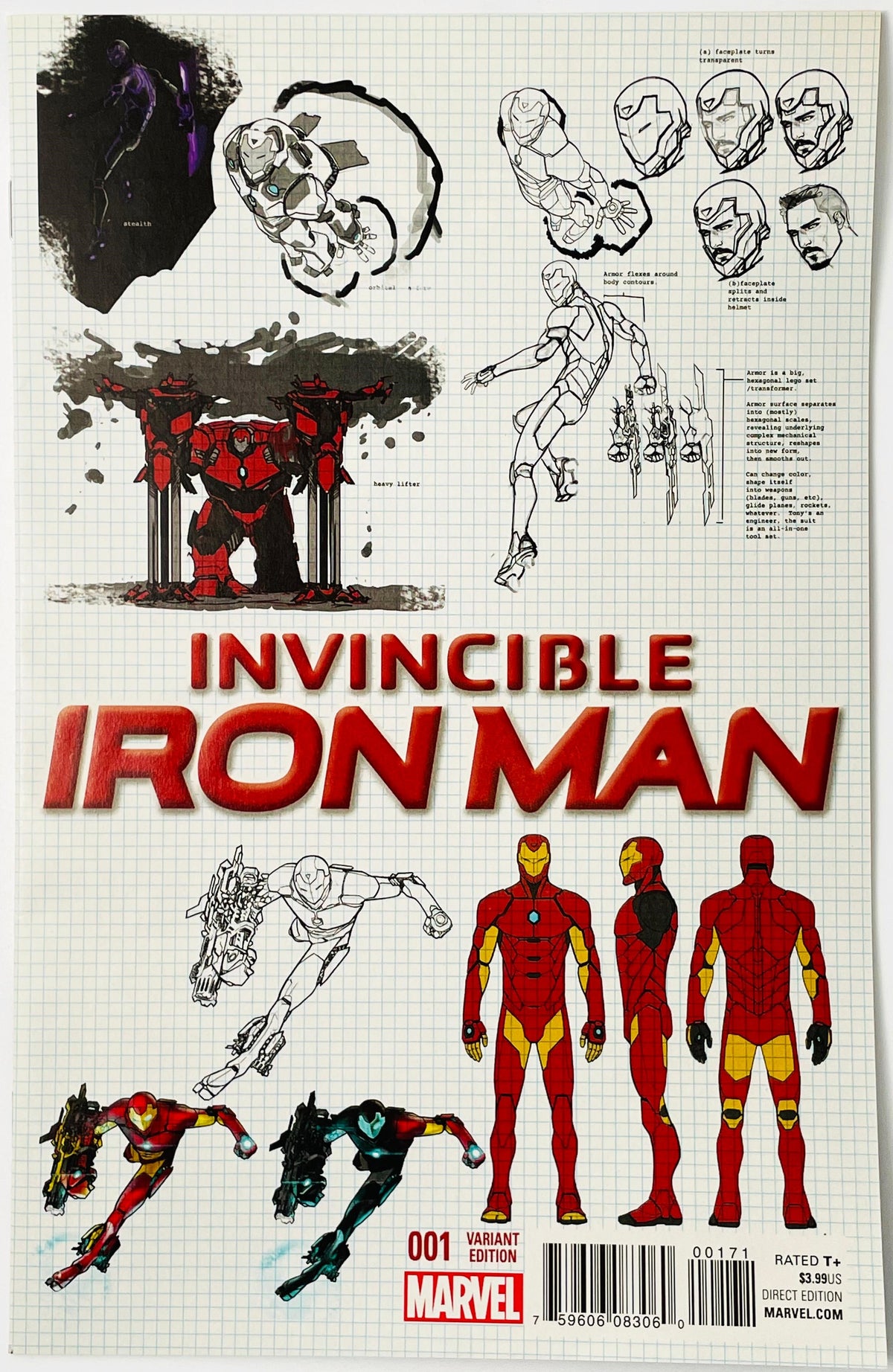 Invincible Iron Man variant edition comic book cover featuring multiple Iron Man character sketches, concept art, and red title text on a white grid background.