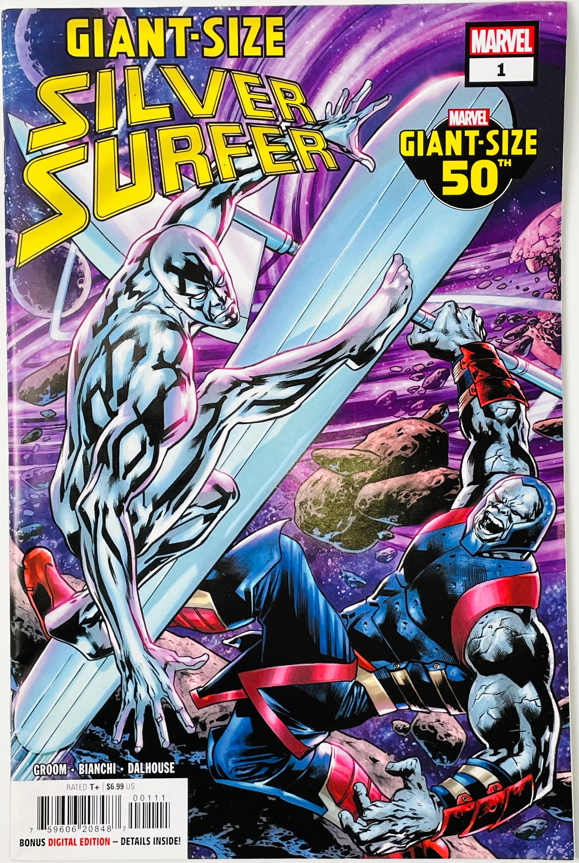 Marvel's Silver Surfer #50 Giant-Size comic book cover, featuring Silver Surfer riding a large silver blade against a purple cosmic background with other cosmic characters.