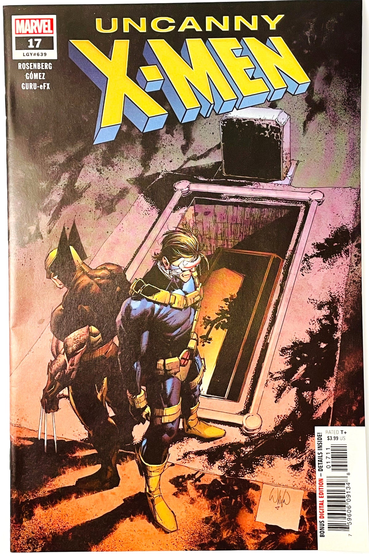 Marvel's Uncanny X-Men #17 comic book cover featuring Cable and a masked X-Man standing in front of a broken window, with the large yellow title 'UNCANNY X-MEN' at the top.