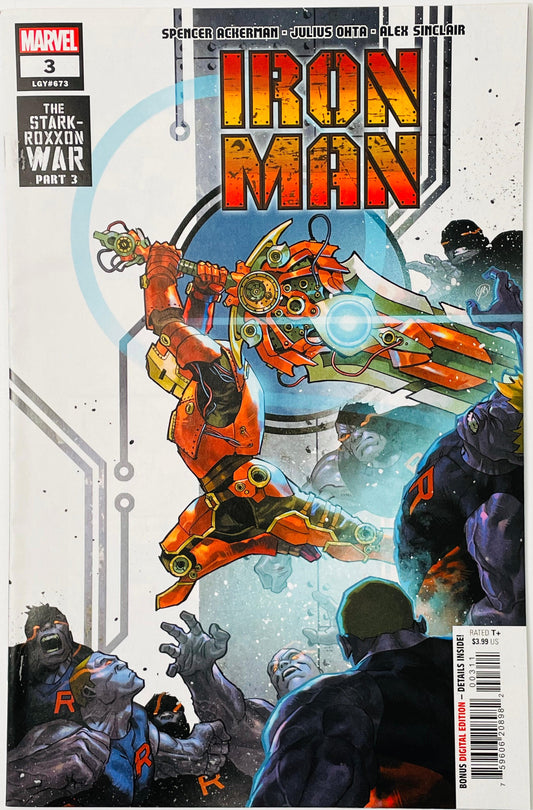 Marvel's Iron Man #3 comic book cover featuring Iron Man in orange armor flying forward with a glowing blue arc reactor, surrounded by characters from The Stark-Roxon War, with the title 'IRON MAN' in large yellow and red letters at the top.