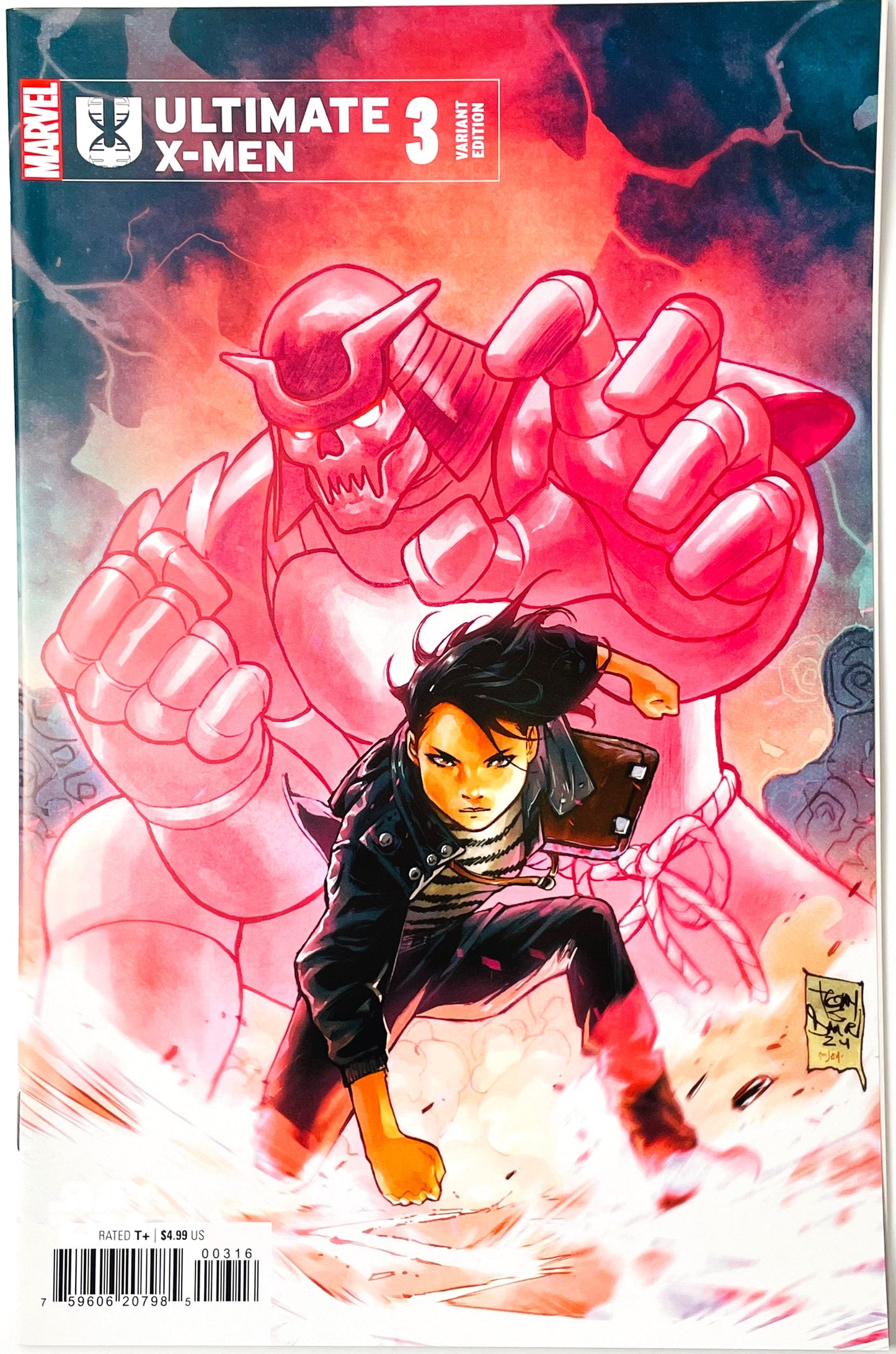 Marvel Ultimate X-Men #3 comic book cover featuring a dynamic illustrated scene with a woman in black clothing crouching in front of a large pink/red muscular figure. The top-left corner shows the Marvel logo and issue text, and the cover fills the frame.