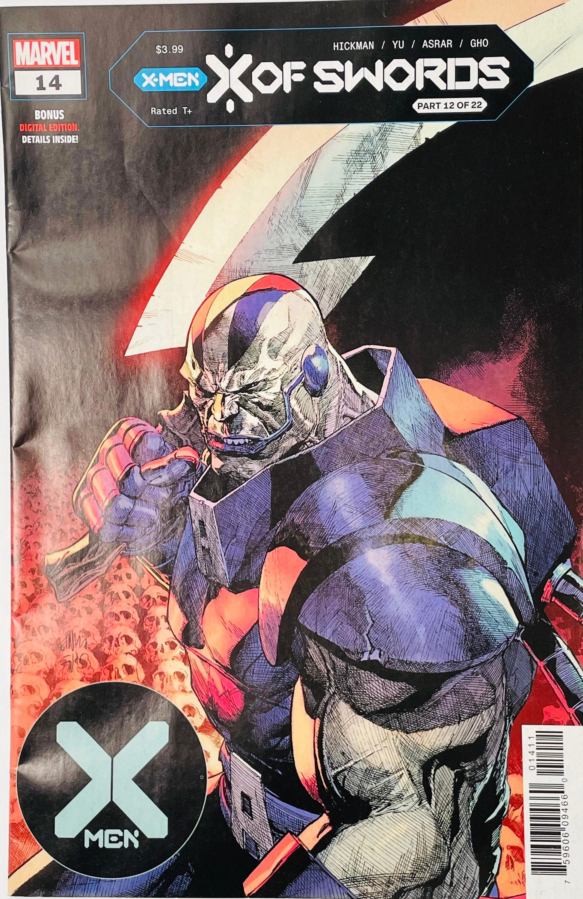 Marvel's X-Men: X of Swords Part 2 #12 comic book cover featuring a stylized illustration of a masked figure in blue, purple, and orange armor against a dark background with red and black graphic elements.