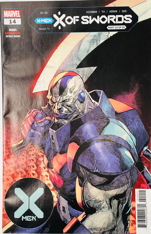 Marvel's X-Men: X of Swords Part 2 #12 comic book cover featuring a stylized illustration of a masked figure in blue, purple, and orange armor against a dark background with red and black graphic elements.