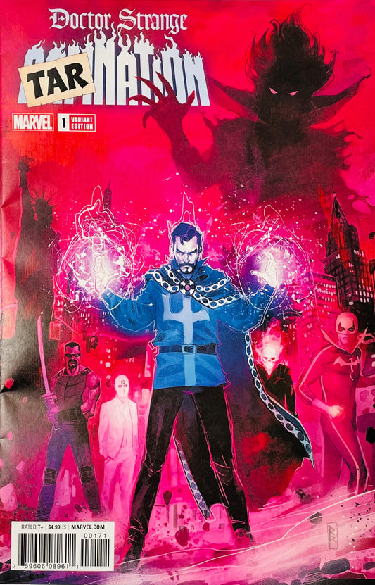 Marvel's Doctor Strange: Tar Nation #1 comic book cover featuring Doctor Strange in a blue robe with glowing white energy effects, surrounded by other characters and a large dark shadow figure against a vivid pink and red background.