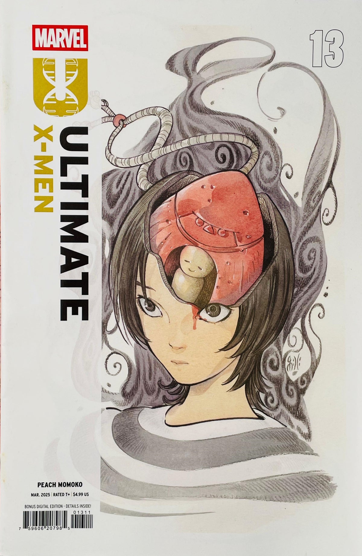 Marvel Ultimate X-Men #13 comic book cover featuring a stylized illustration of a woman with dark hair, a red head covering, and swirling gray decorative elements on an off-white background.