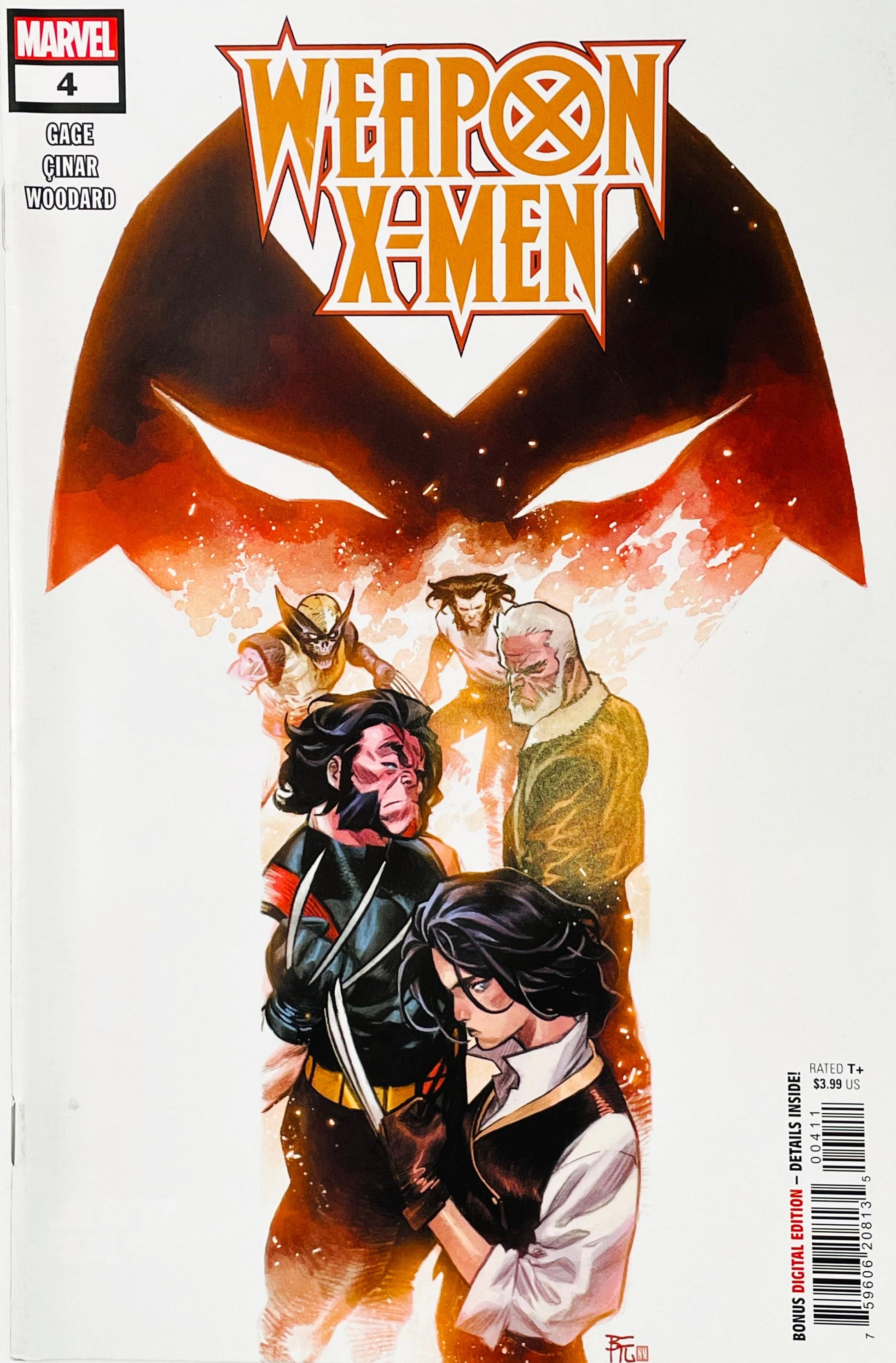 Marvel's Weapon X-Men comic book cover, issue number 4, featuring a large stylized bat silhouette with glowing eyes above several X-Men characters including Cyclops, Wolverine, and Jean Grey on a white background.