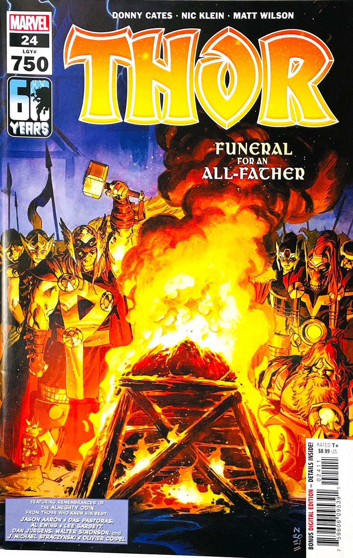 Thor comic book cover, issue 24, featuring a fiery funeral scene with the title 'THOR' in large yellow letters and Marvel branding in the top left corner.