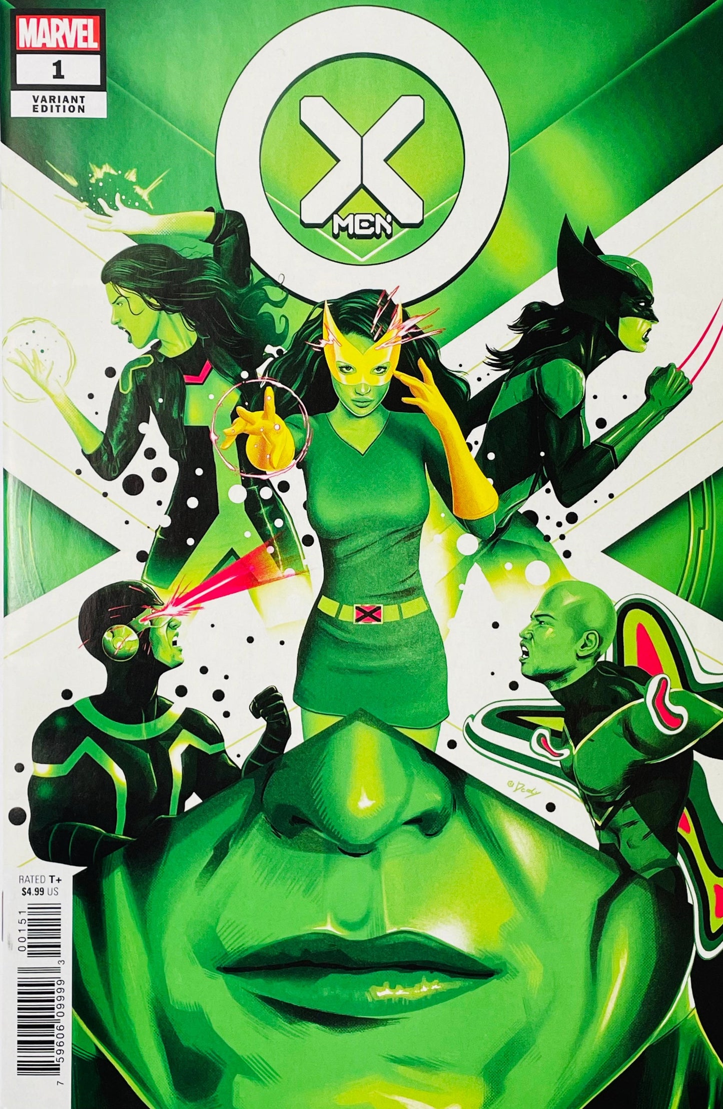 Marvel's X-Men Variant Edition #1 comic book cover featuring a green-toned illustrated design with multiple X-Men characters and a large stylized face at the bottom.