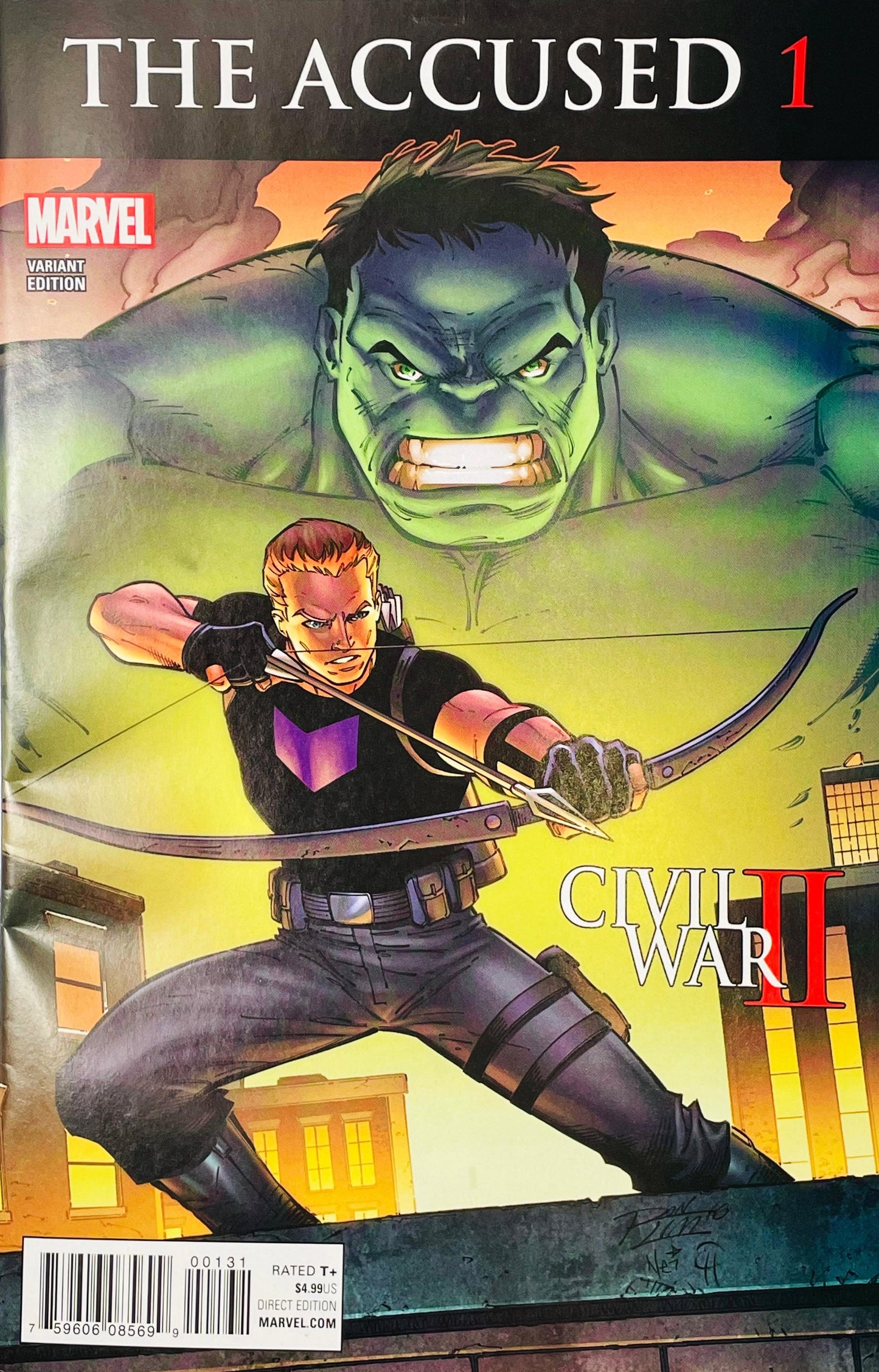 Marvel's Civil War #2 variant edition comic book cover titled 'The Accused 1', featuring Hawkeye in the foreground aiming a bow and arrow, with a large green Hulk looming in the background against a cityscape.