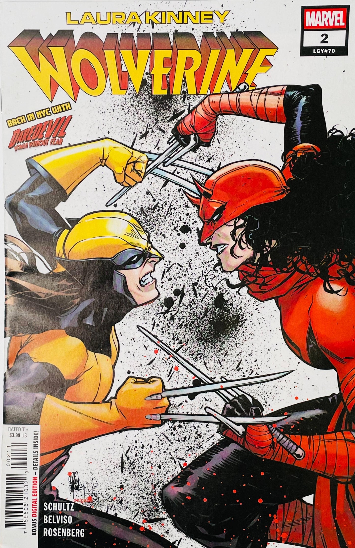 Marvel's Wolverine issue 2 comic book cover featuring Laura Kinney's Wolverine in yellow and black fighting Daredevil in red and black, with the Marvel logo in the top right corner.