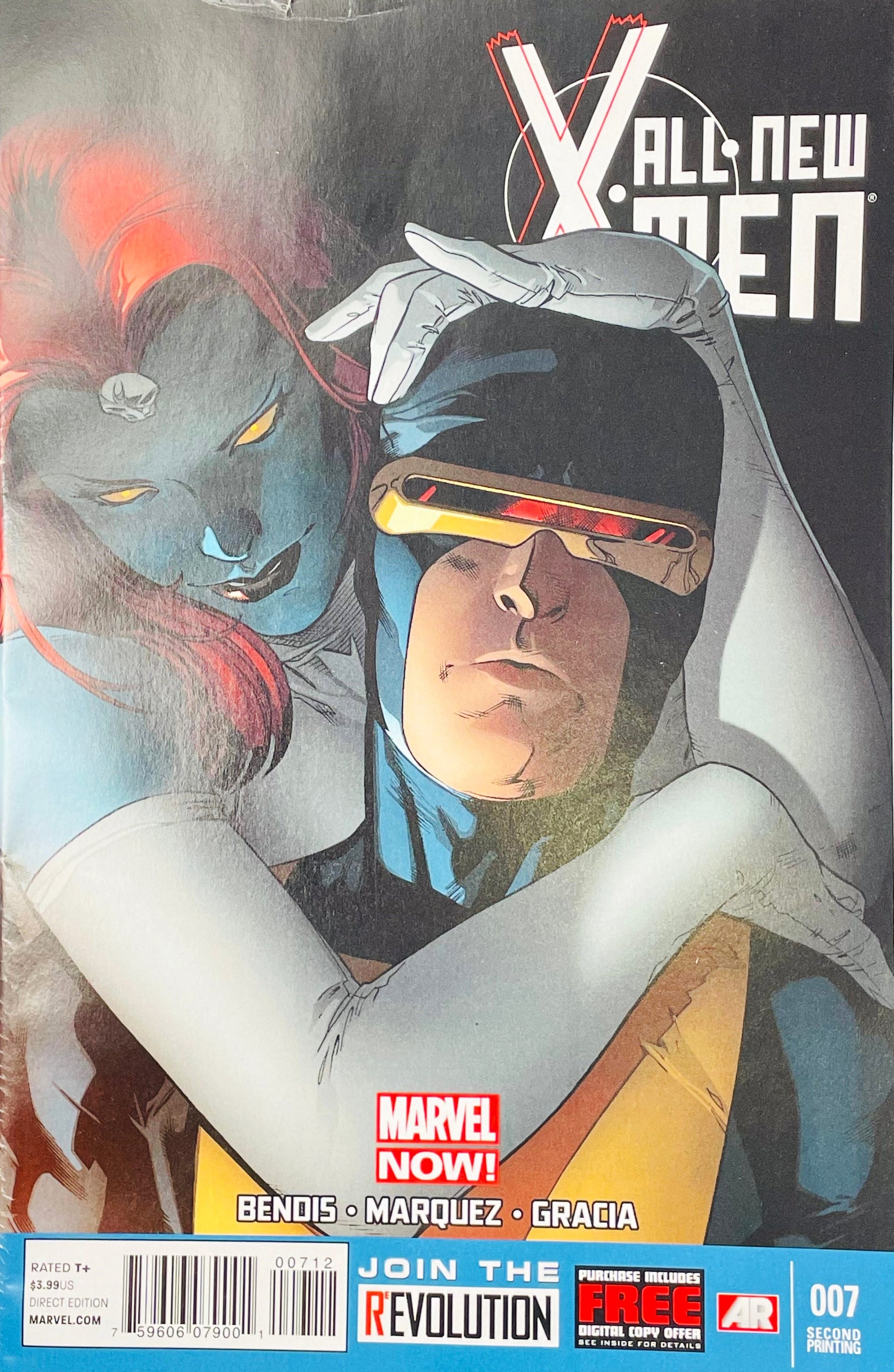 Front cover of Marvel's All New X-Men #7 comic book, featuring a close-up illustration of Cyclops and a blue-skinned female character with red hair. The Marvel Now! logo appears near the bottom, with issue number 007 and barcode details at the bottom edge.