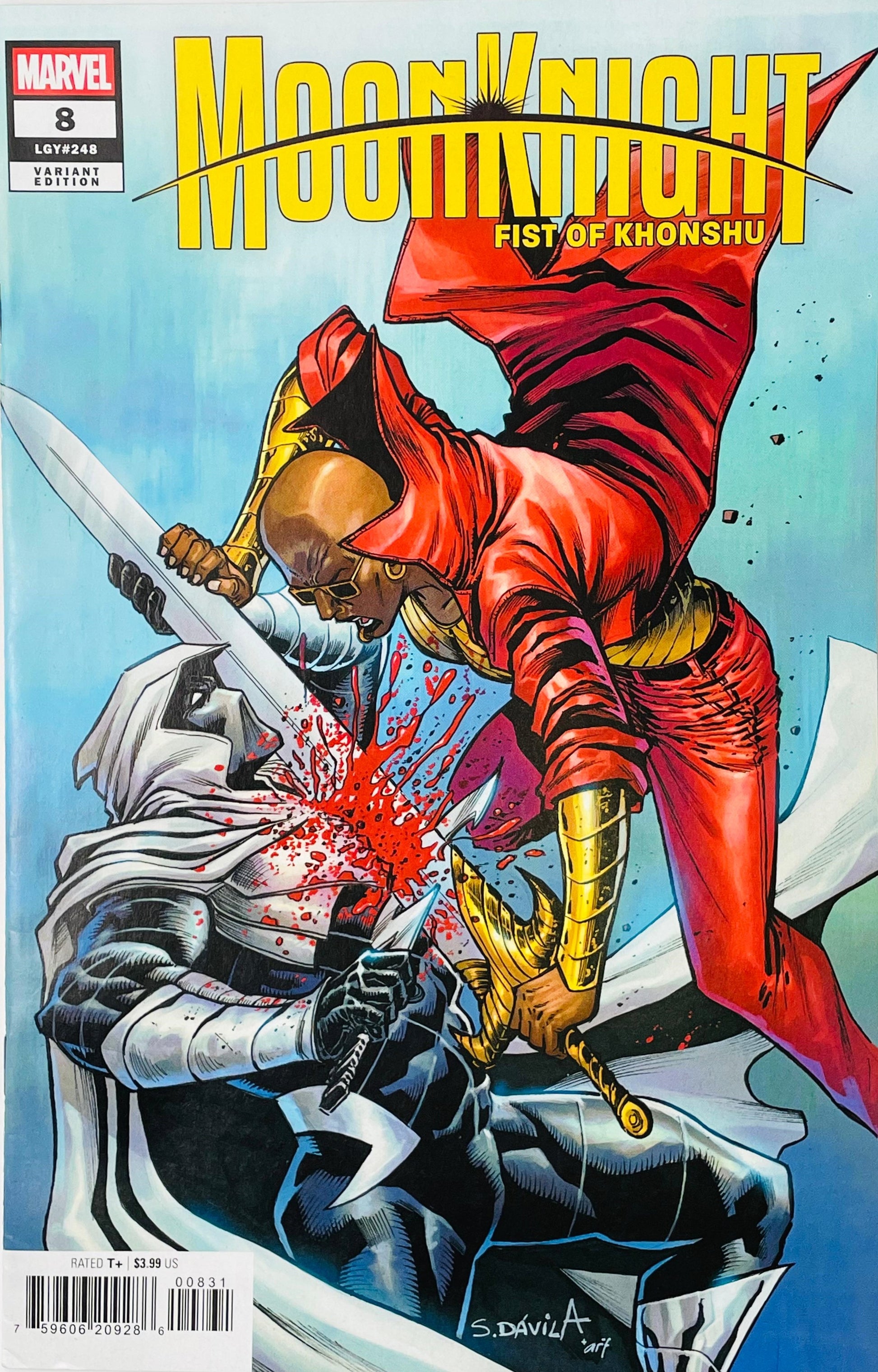 Marvel's Moon Knight #8 comic book cover featuring a dynamic battle scene with Moon Knight in red and gold fighting a masked opponent with a sword, set against a light blue background.