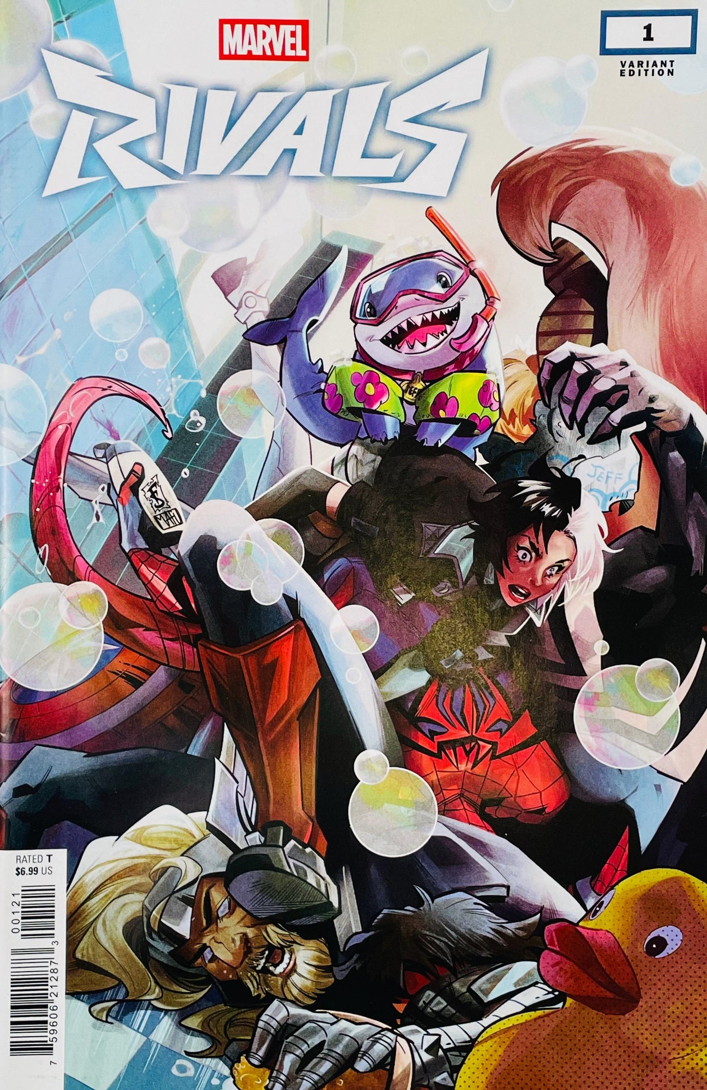 Marvel Rivals #1 Variant Edition comic book cover featuring multiple illustrated superhero characters in a dynamic action scene with bubbles and a large red shape in the background.