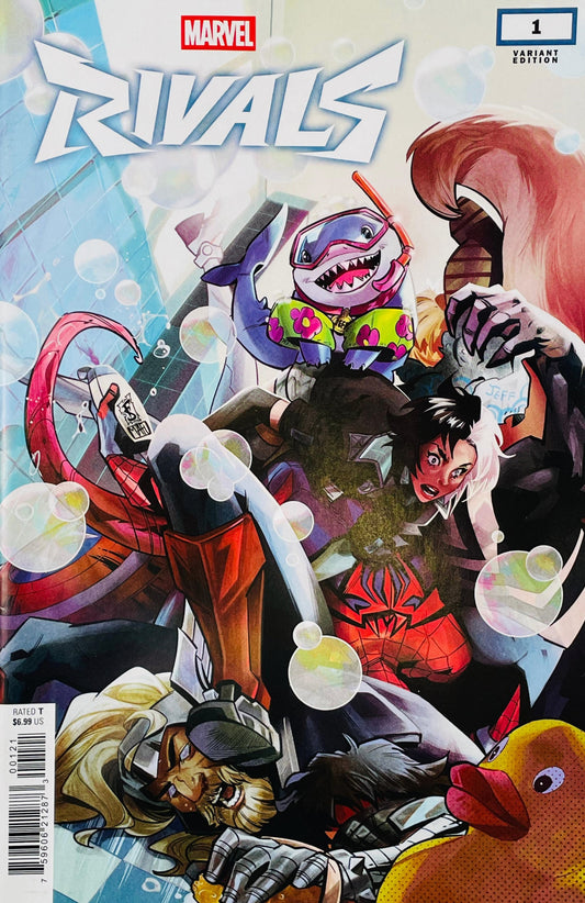 Marvel Rivals #1 Variant Edition comic book cover featuring multiple illustrated superhero characters in a dynamic action scene with bubbles and a large red shape in the background.