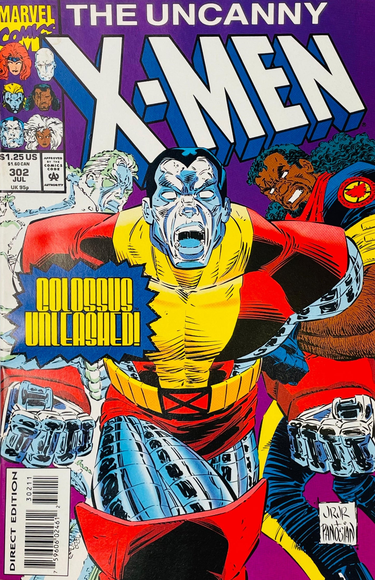 Marvel's The Uncanny X-Men #302 comic book cover featuring a blue-skinned character in a red and yellow costume, with large white 'X-Men' lettering and a purple background.
